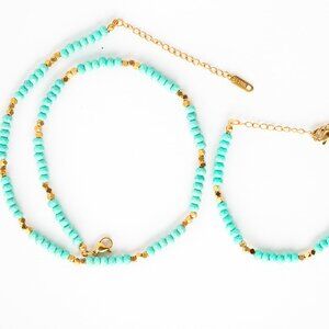 BUNDLE Turquoise Beaded Necklace & Bracelet Set Waterproof Gold
